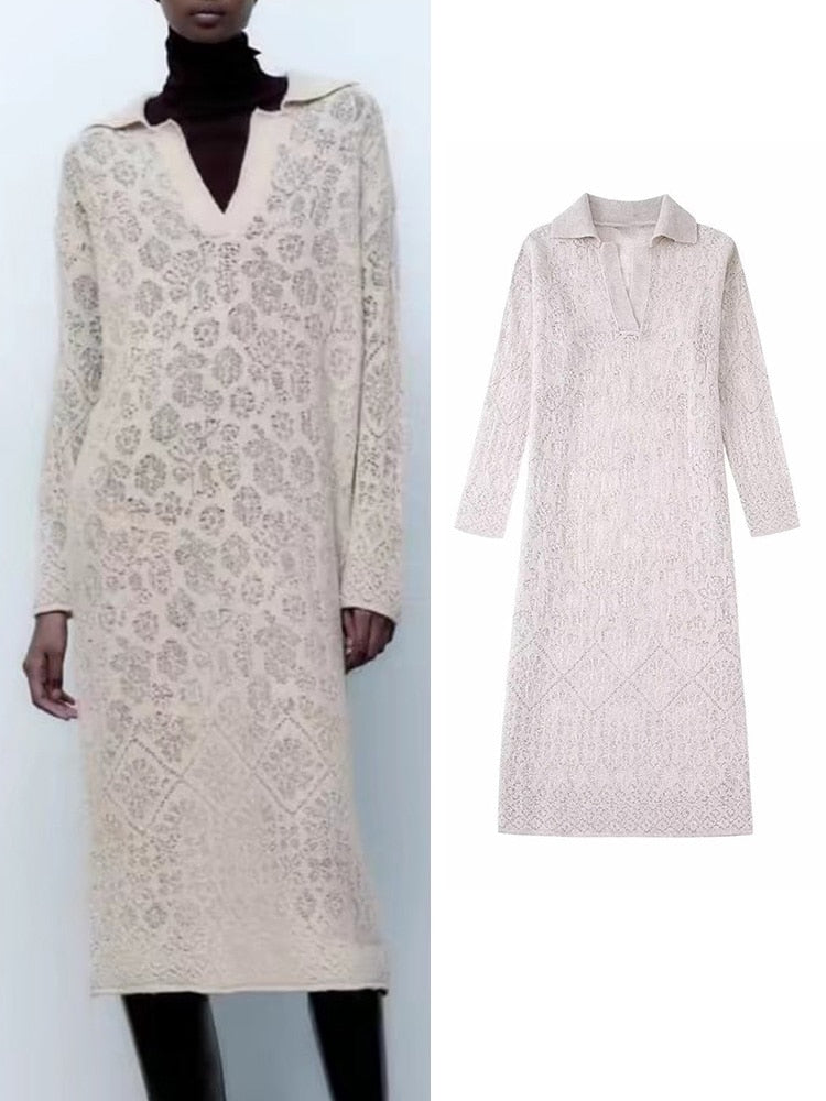 Autumn Women Jacquard Mesh Knit Dresses Elegant Ladies POLO Collar Mid-Calf Dresses Long Sleeve Soft Dresses