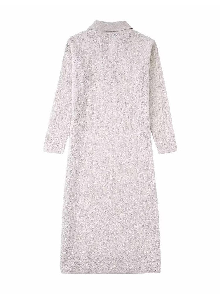 Autumn Women Jacquard Mesh Knit Dresses Elegant Ladies POLO Collar Mid-Calf Dresses Long Sleeve Soft Dresses