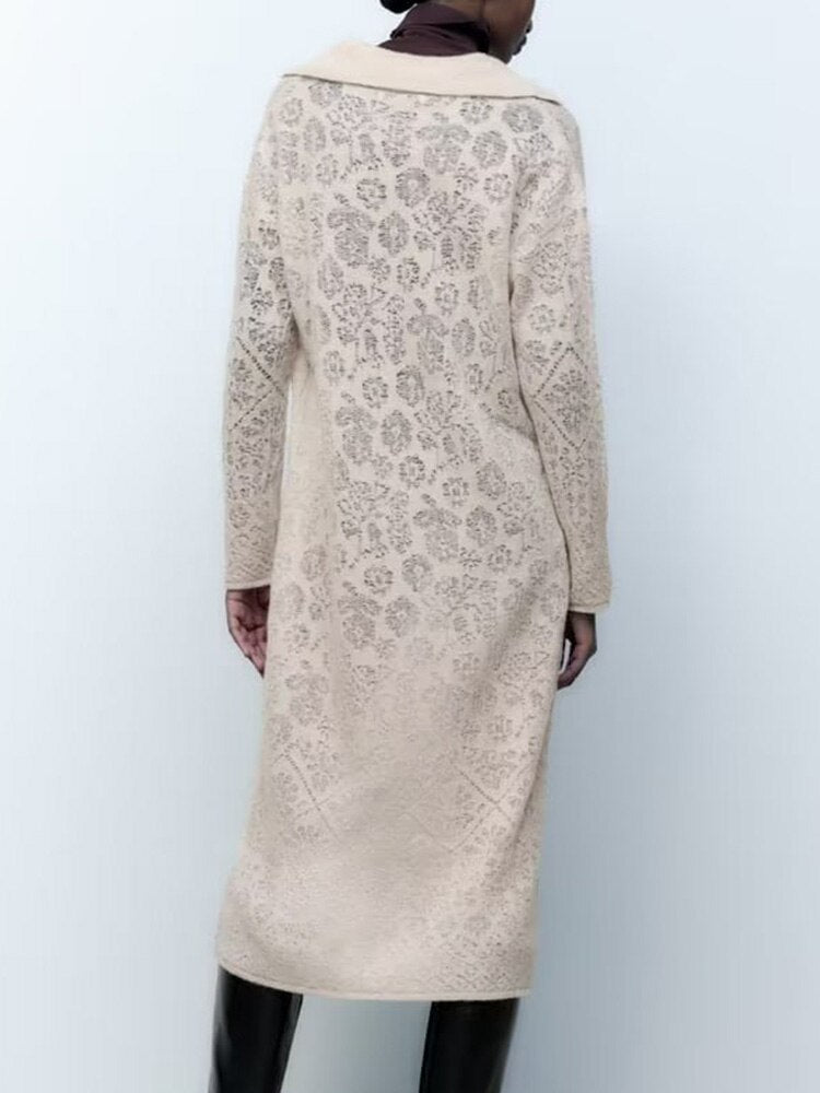 Autumn Women Jacquard Mesh Knit Dresses Elegant Ladies POLO Collar Mid-Calf Dresses Long Sleeve Soft Dresses