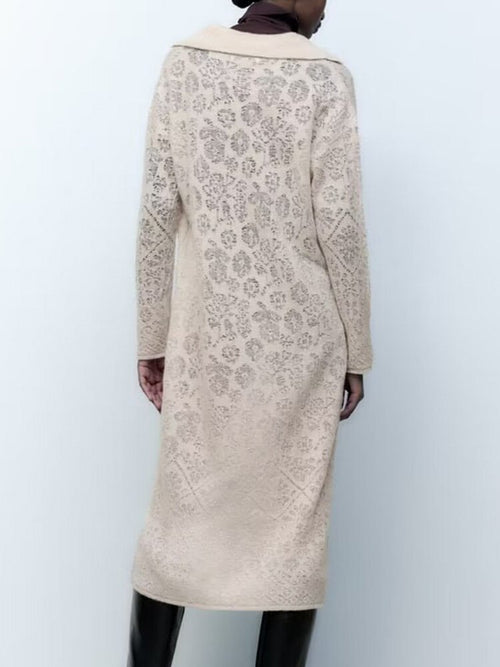 Autumn Women Jacquard Mesh Knit Dresses Elegant Ladies POLO Collar Mid-Calf Dresses Long Sleeve Soft Dresses