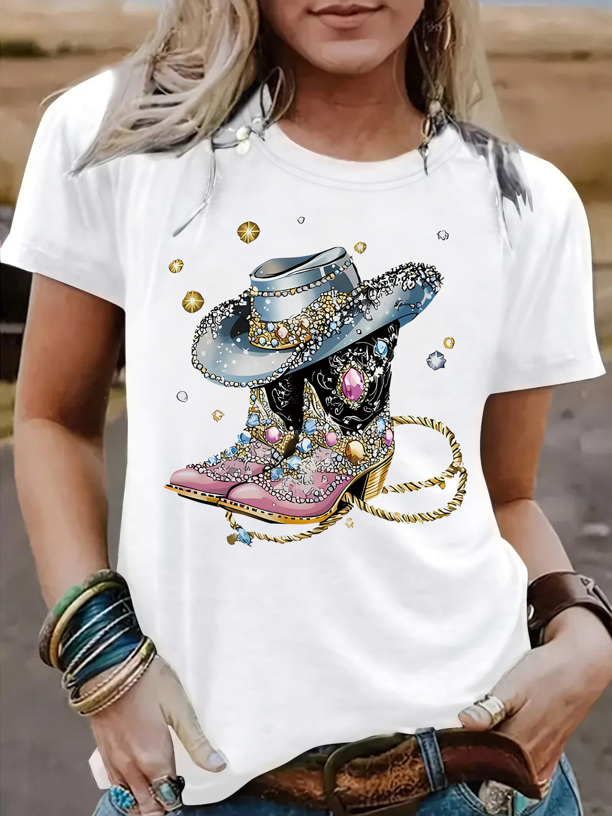 Round neck short sleeved women's T-shirt cowboy hat cowboy boots