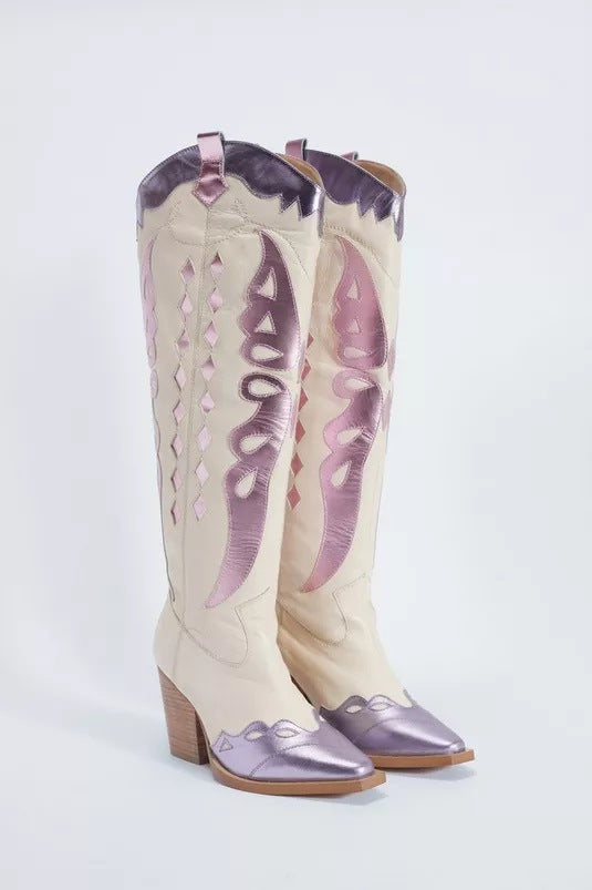 Coarse heeled long boots women's shoes multi colored splicing Long Boots Cowboy
