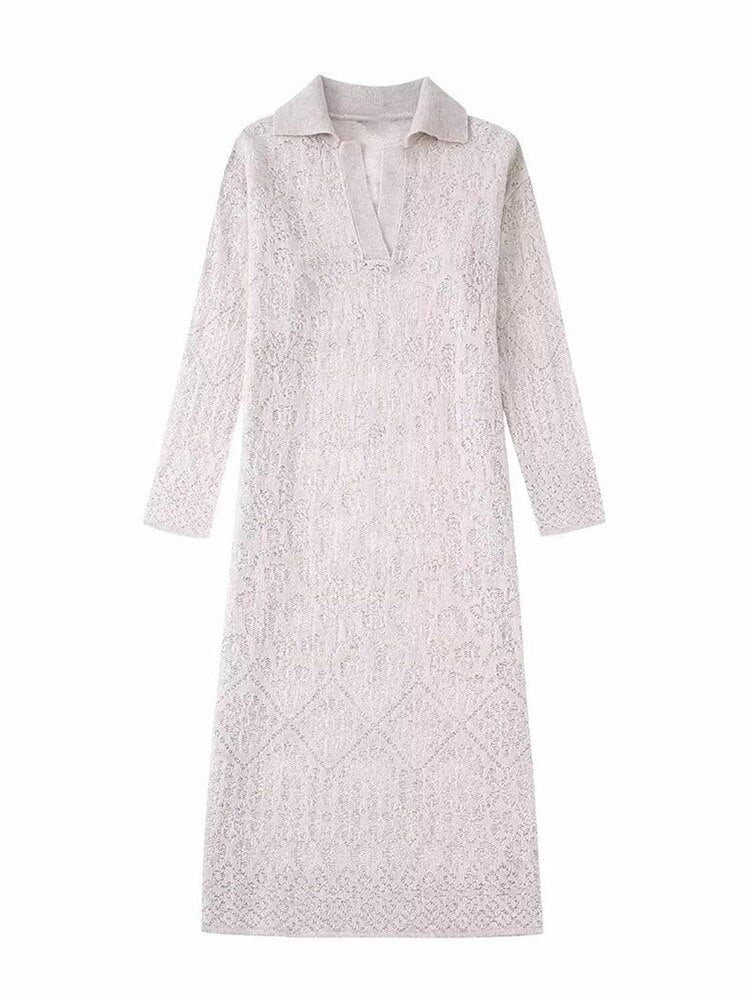 Autumn Women Jacquard Mesh Knit Dresses Elegant Ladies POLO Collar Mid-Calf Dresses Long Sleeve Soft Dresses