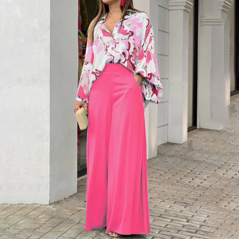 European and American womens printed shirt, elegant and wide leg pants, fashionable and casual set