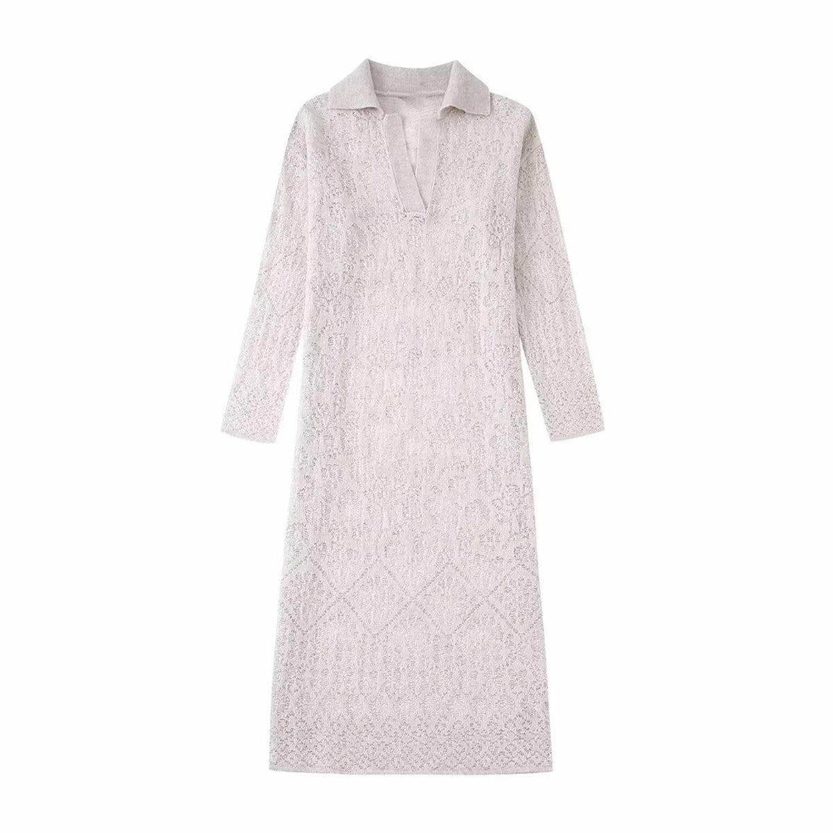 Autumn Women Jacquard Mesh Knit Dresses Elegant Ladies POLO Collar Mid-Calf Dresses Long Sleeve Soft Dresses