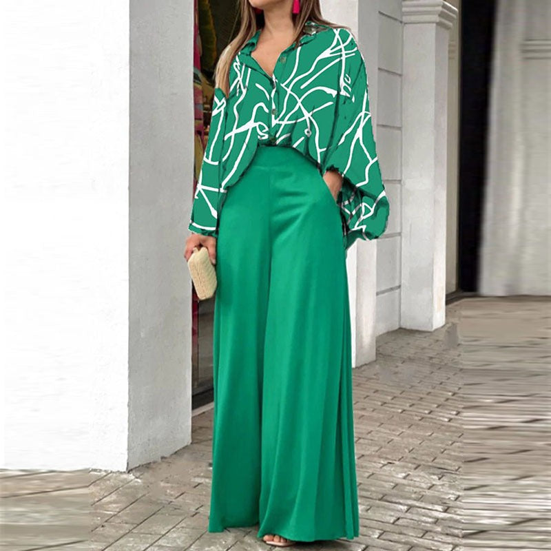 European and American womens printed shirt, elegant and wide leg pants, fashionable and casual set