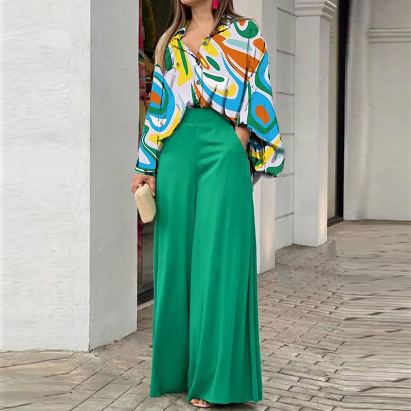 European and American womens printed shirt, elegant and wide leg pants, fashionable and casual set