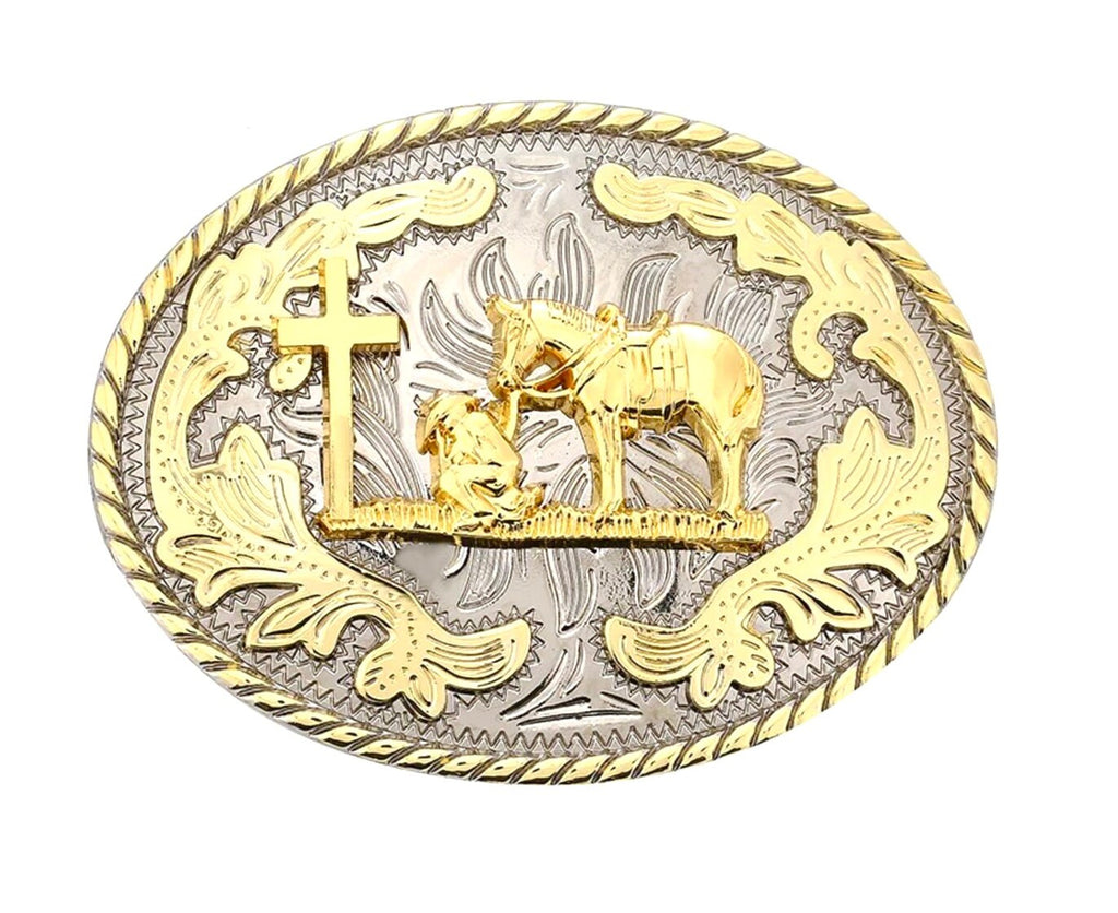 Western Cowboy Cross and Horse Belt Buckle crucifix silver gold Black cross suit tie Cord Square Dance Western wear Jesus
