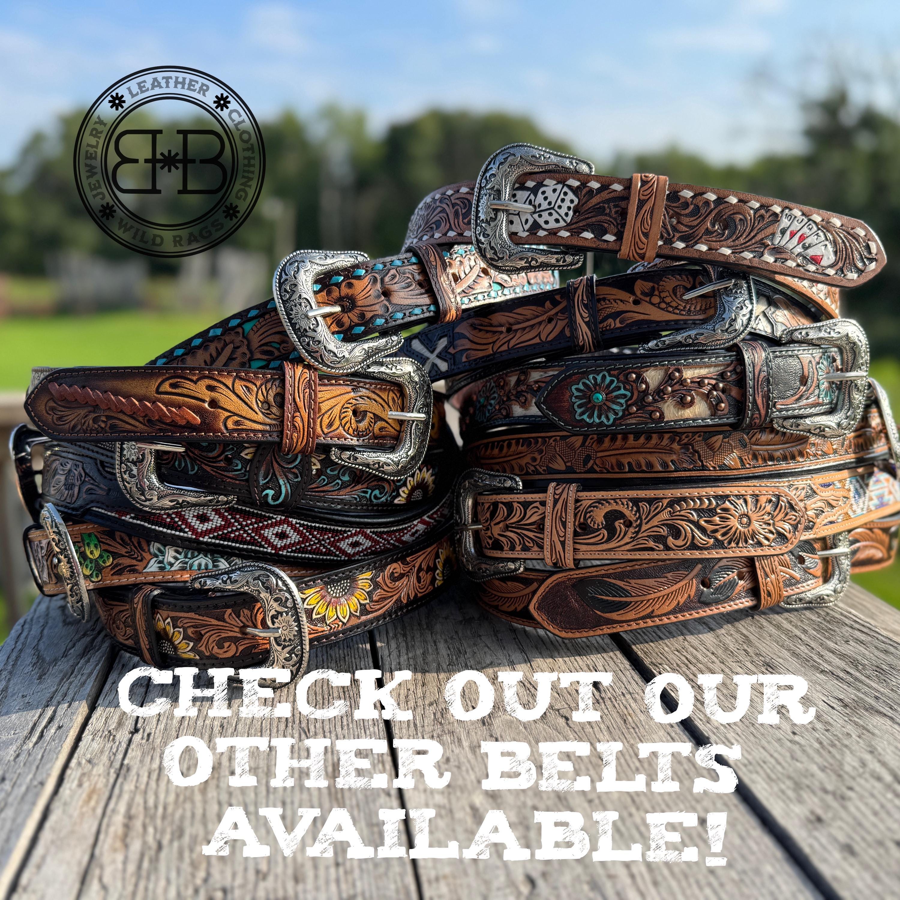 Genuine Leather Western Belt with tooled and Seed Bead details a Double B Wild Rags